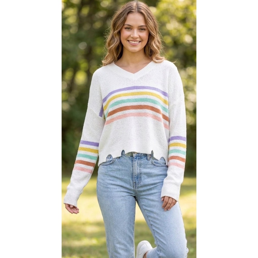 Le Lis Collection Rainbow Stripe V-Neck Scalloped Hem Sweater White Women L